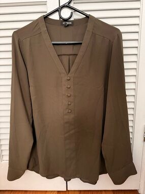 Express Olive V-Neck Button Front Blouse